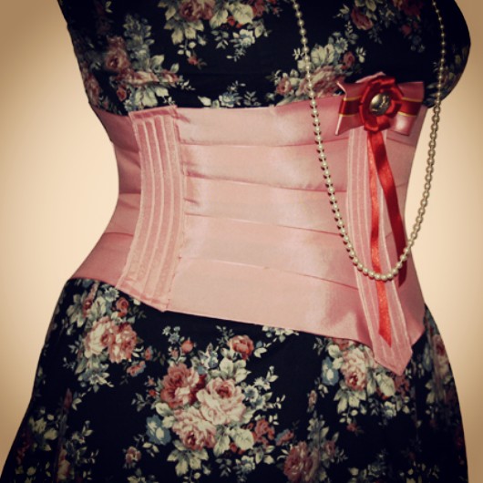 Pink Silk Satin Edged Whalebone Corset with Black Lace and Pink