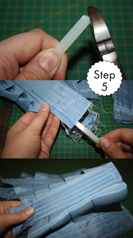 Step 5 of the ribbon corset: Insert the boning. 