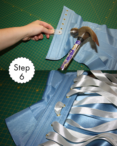 Step 6 of the ribbon corset: Inserting eyelets and laces.